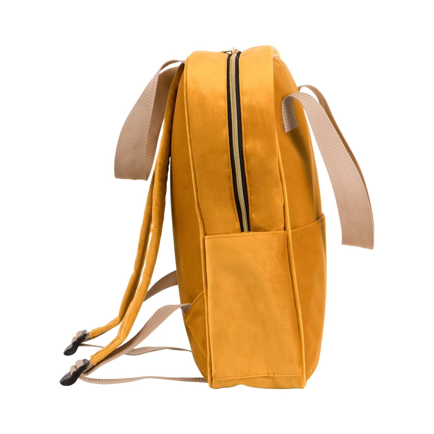 Duży żółty plecak welurowy od Bettys Home zdjęcie z boku, plecak do samolotu bagaż podręczny, pojemny plecak do samolotu