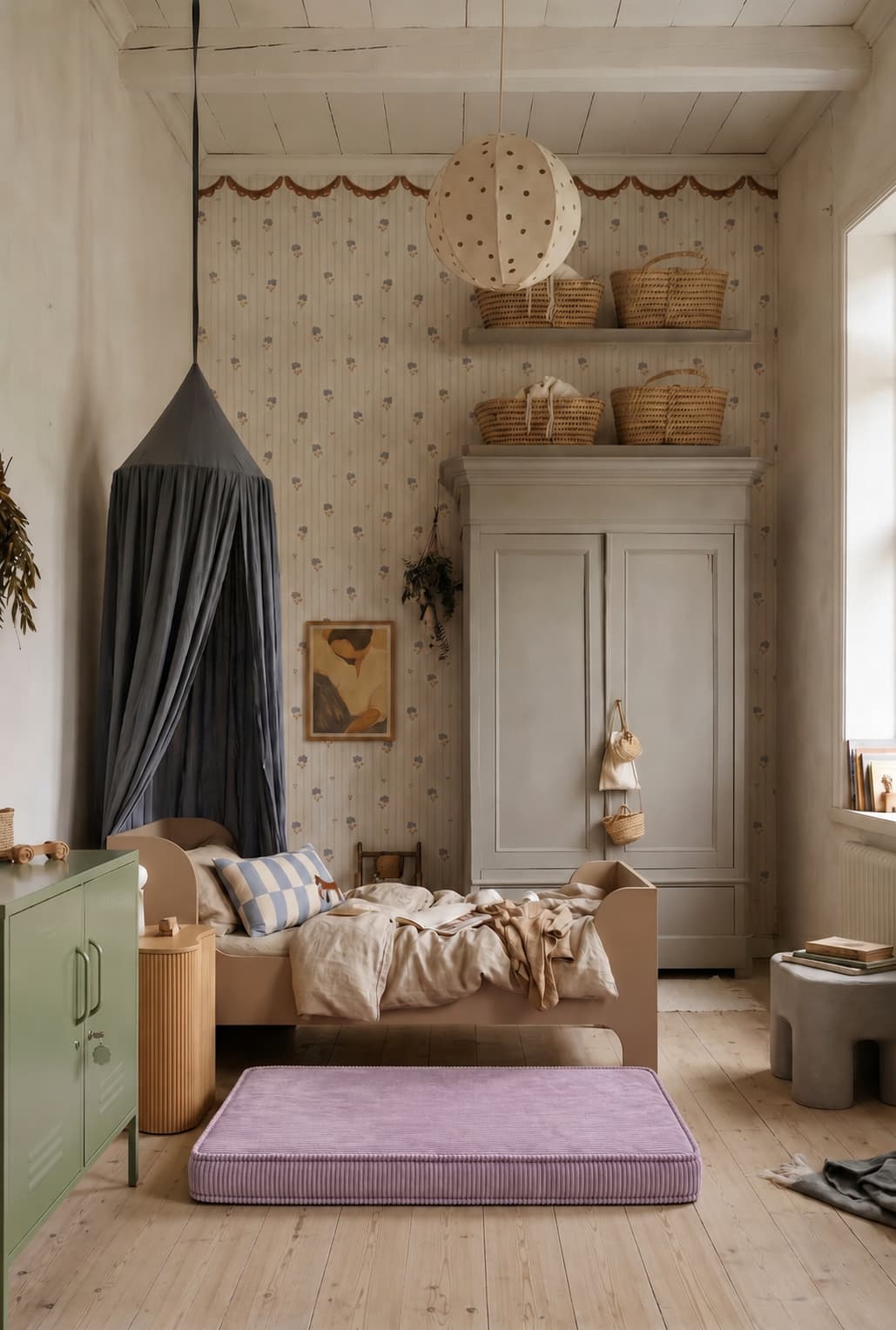 lawendowy materac sztruksowy od Bettys home na podłodze w pięknym pokoju dziecięcym 