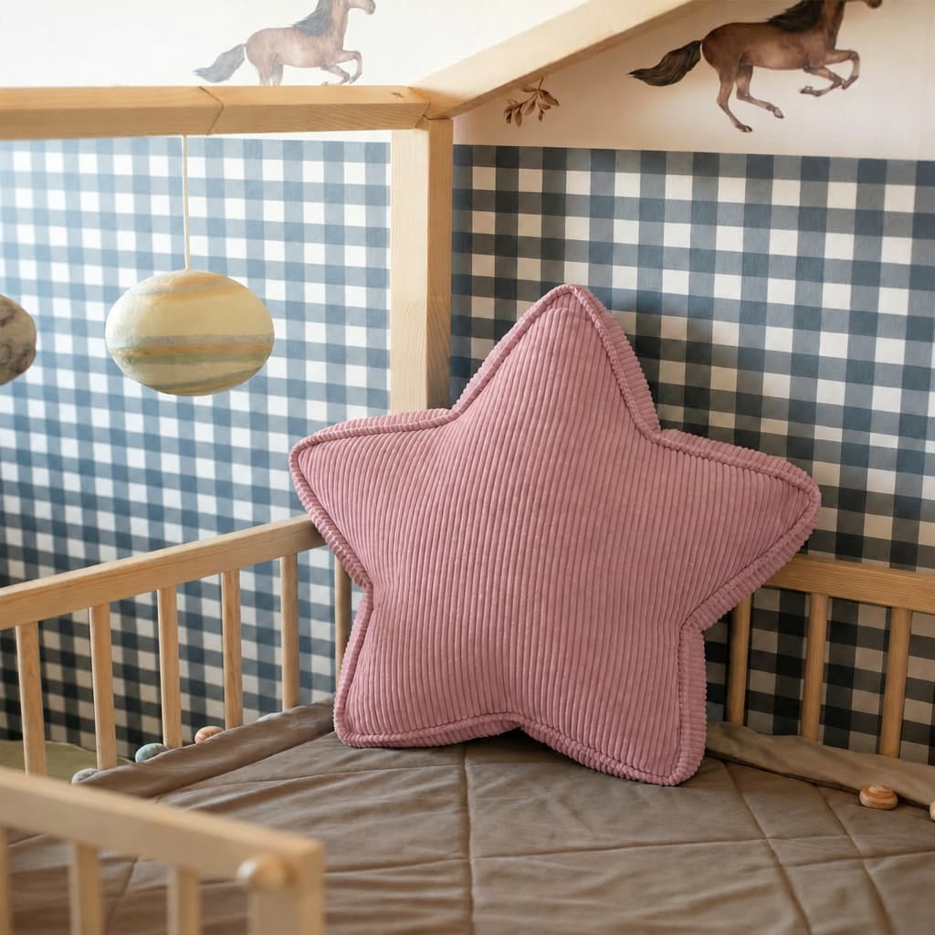 Różowa poduszka gwiazda sztruksowa w kraciastym pokoju dziecięcym z motywem koni na tapecie - Bettys Home