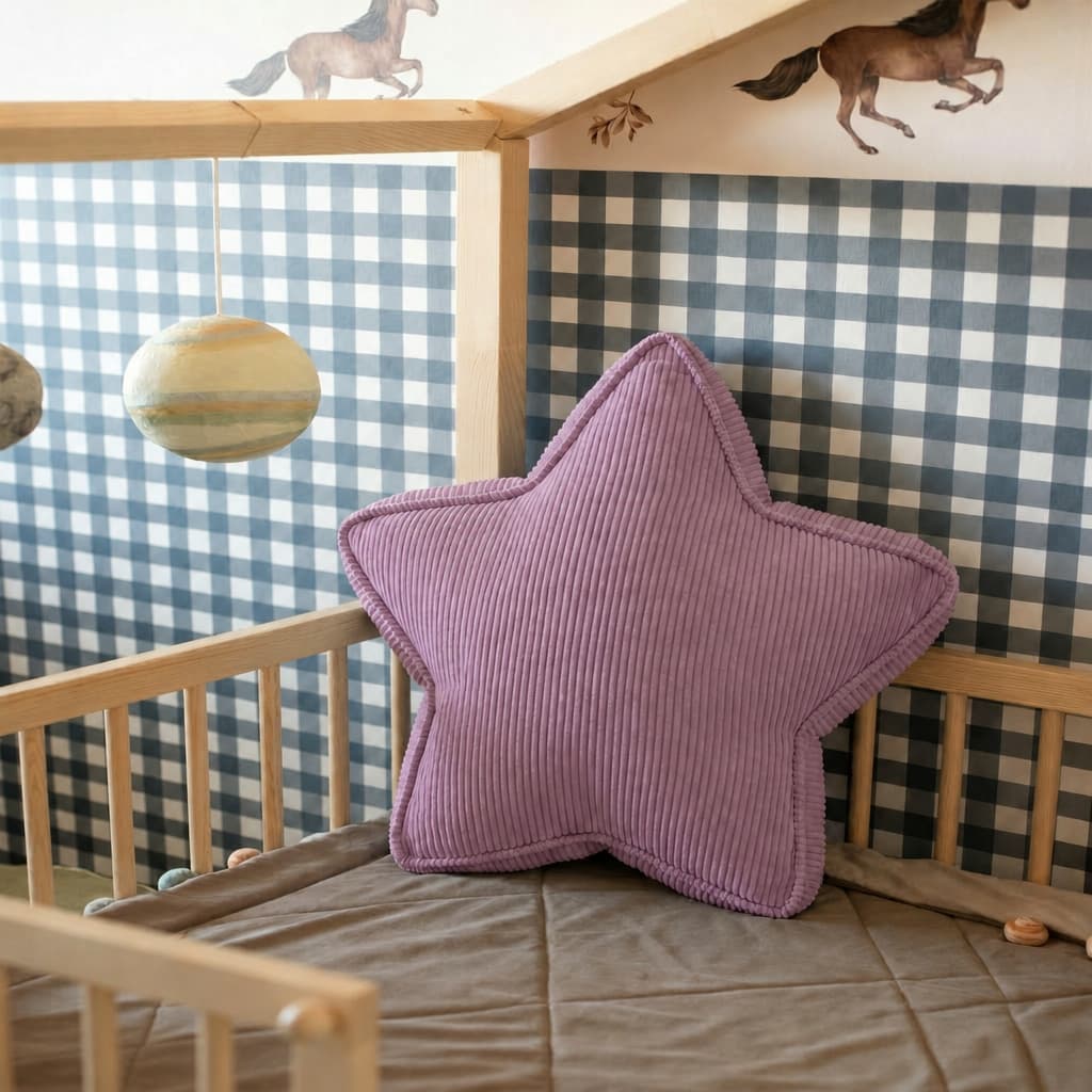 Lawendowa poduszka gwiazda sztruksowa w kraciastym pokoju dziecięcym z motywem koni na tapecie - Bettys Home
