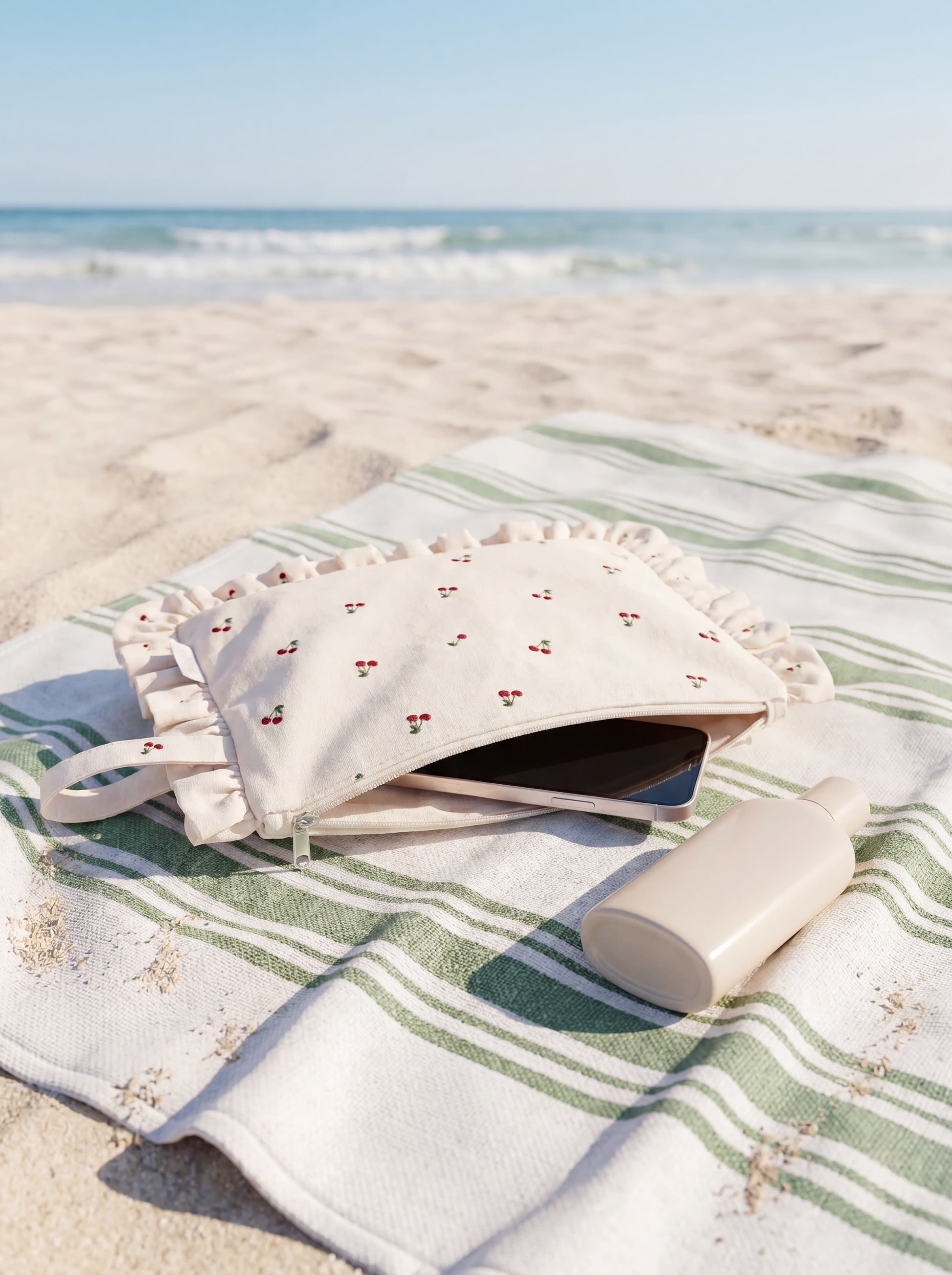 Bawełniana kosmetyczka z falbanką i nadrukiem wiśni od Bettys home na kocu na plaży x