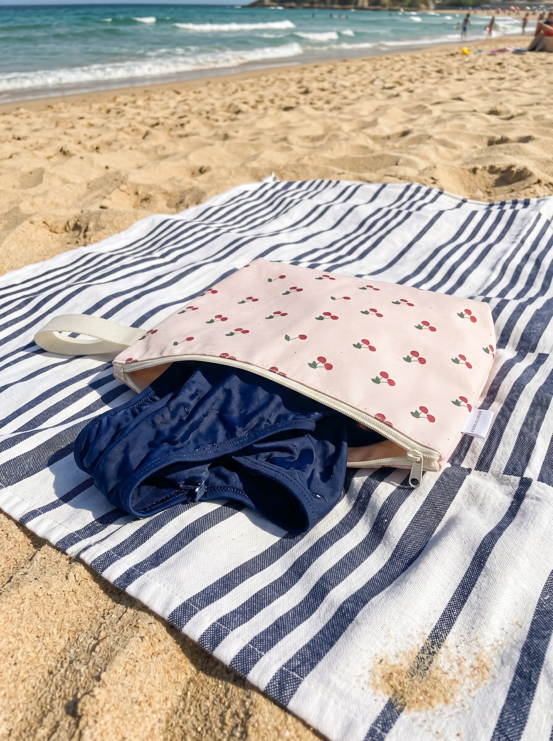 wodoodporna kosmetyczka w wiśnie od Bettys home leży na plaży z mokrym strojem