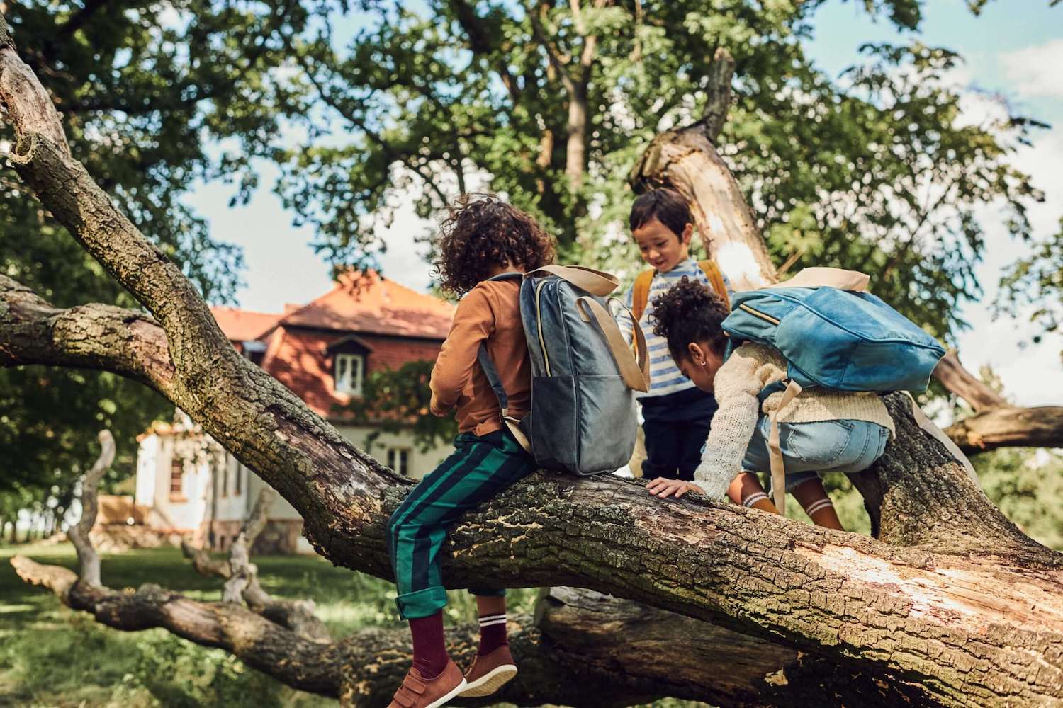 dzieci w parku na gałęzi noszą duży plecak welurowy od Bettys Home, plecak do szkoły, plecak do szkoły dla nastolatków