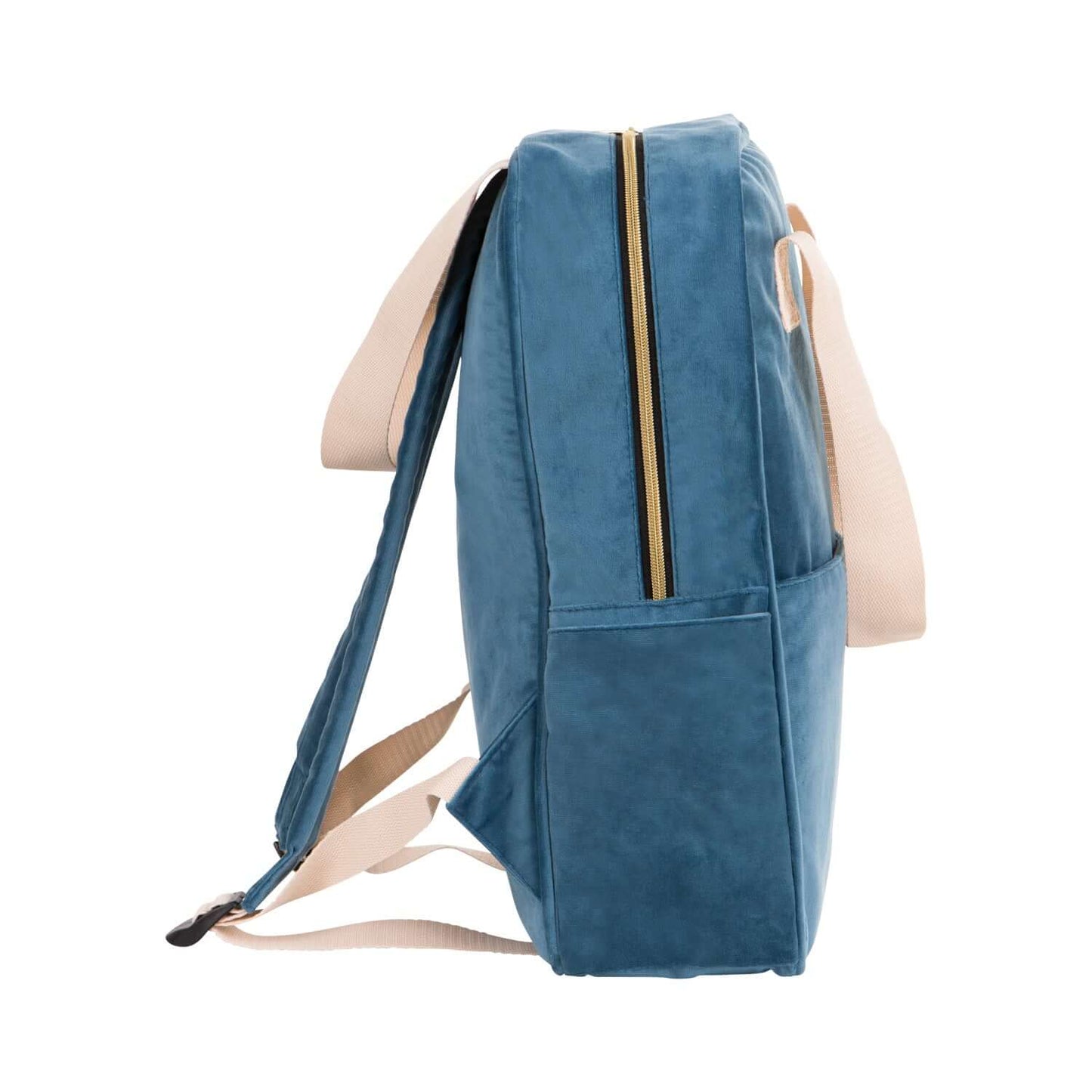 Duży plecak welurowy niebieski od Bettys Home z boku, plecak do szkoły dla dziewczynki, plecak do samolotu bagaż podręczny