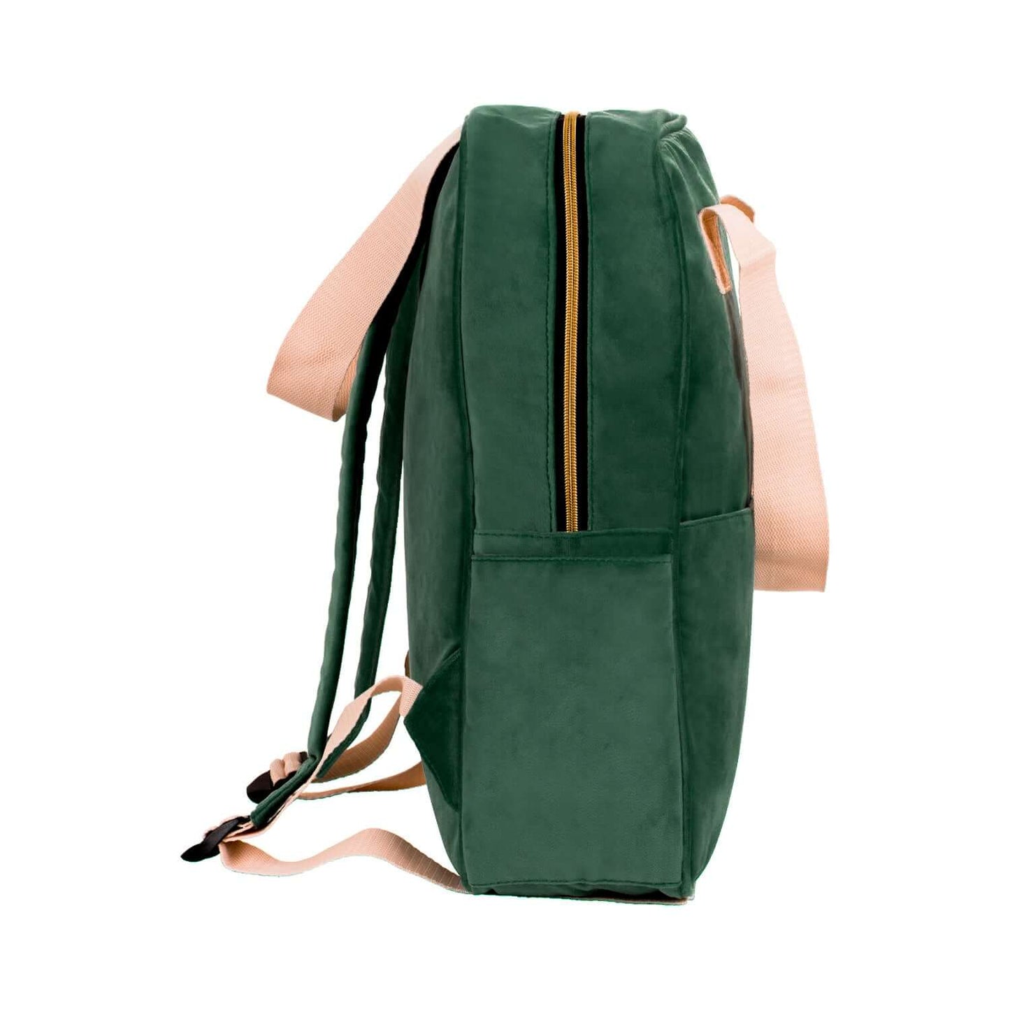 Duży plecak welurowy zielony od Bettys Home bok, elegancki plecak na laptopa damski, plecak do wózka