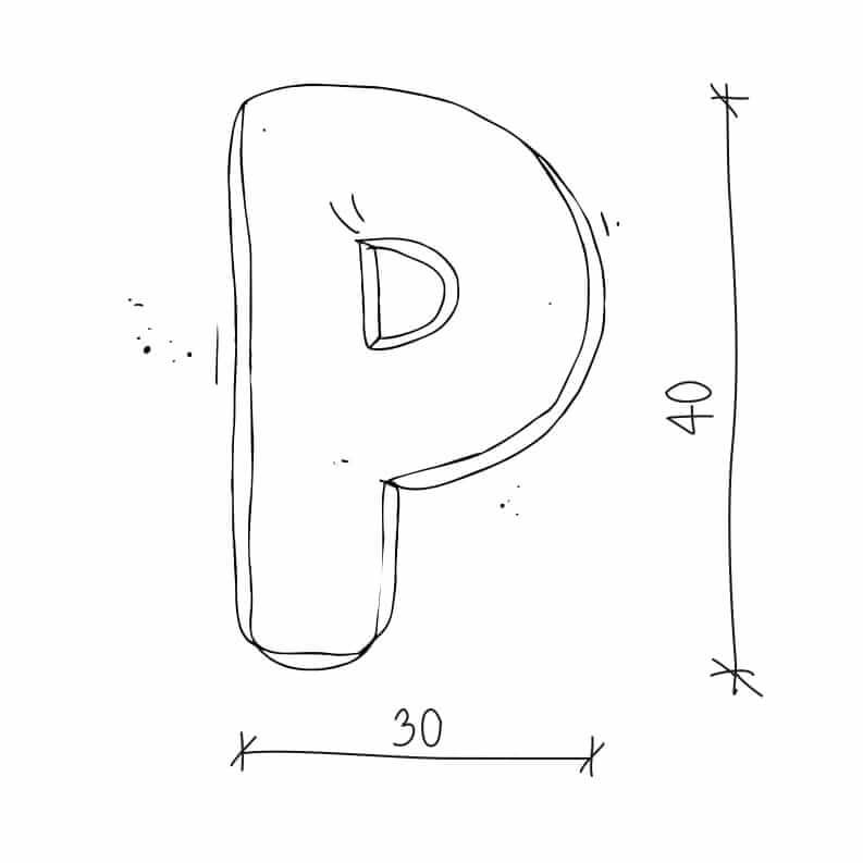 Poduszka literka P od Bettys Home rysunek wymiarów